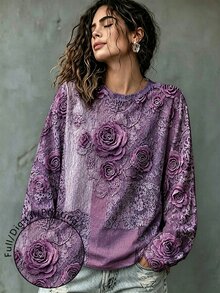Breezaya Kaos Kasual Lengan Panjang Leher Bulat Motif Bunga Ukuran Besar untuk Wanita, Cocok untuk Musim Gugur. - MultiWarna - View 1