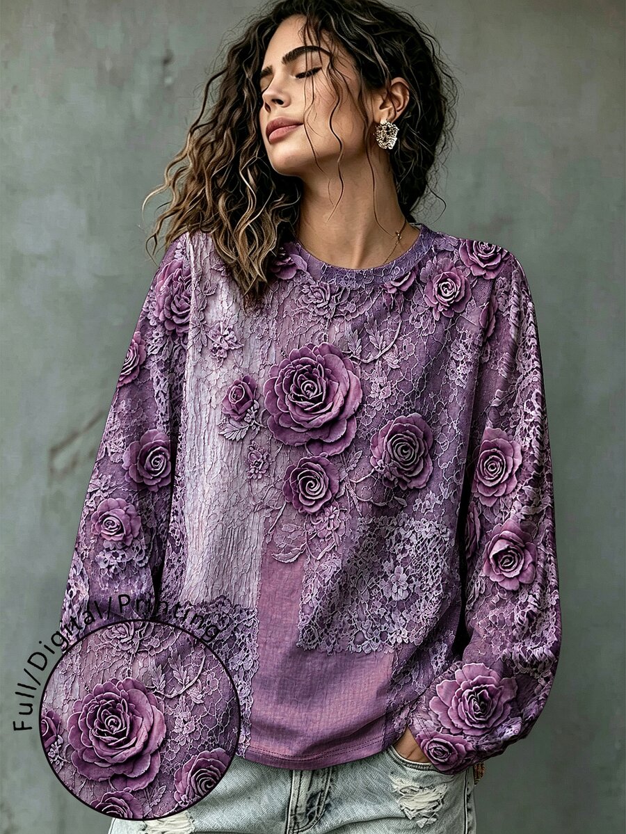 Breezaya Kaos Kasual Lengan Panjang Leher Bulat Motif Bunga Ukuran Besar untuk Wanita, Cocok untuk Musim Gugur. - MultiWarna - View 1