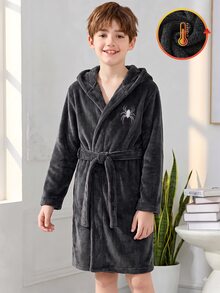 男童深灰色純色蜘蛛刺繡極簡時尚長袖連帽抽繩睡袍居家服 - 深灰色 - 查看 6