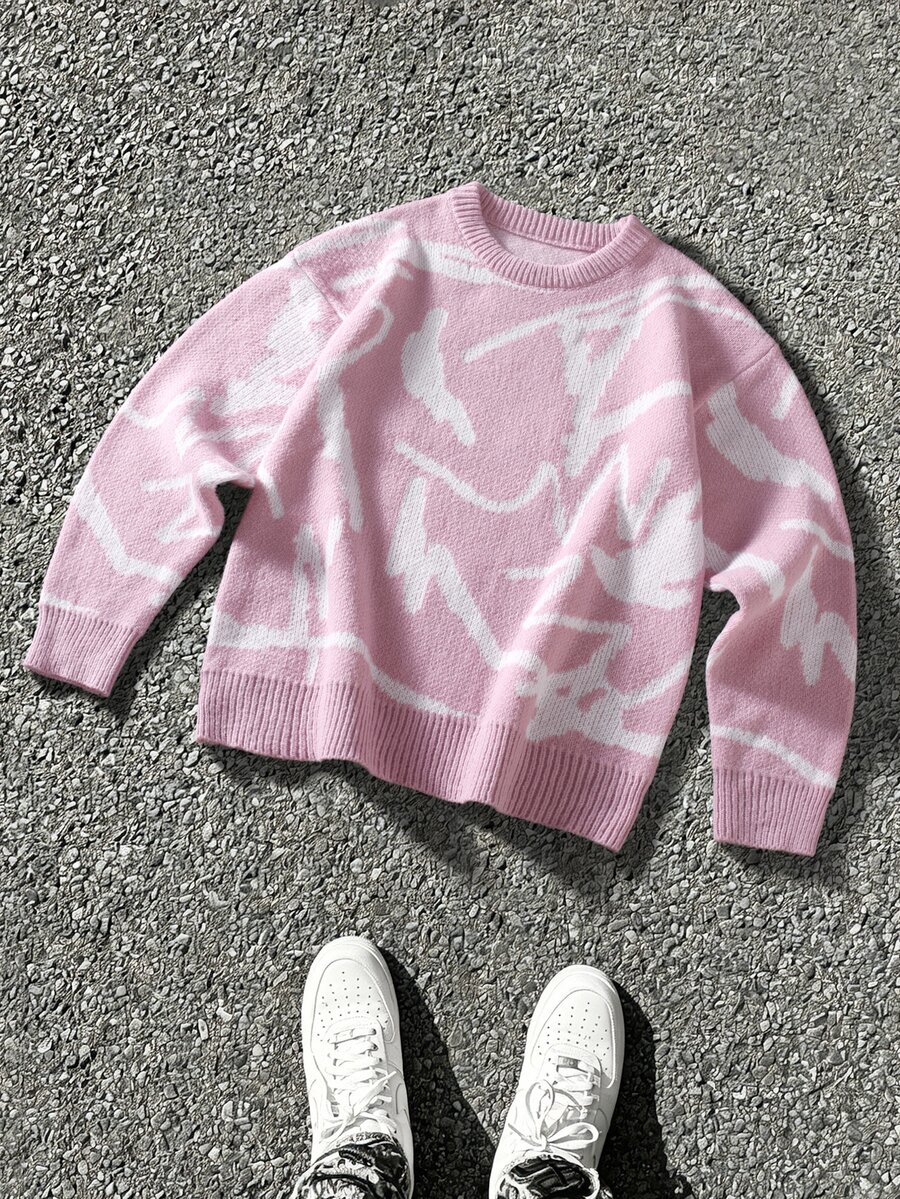 NEOSTRIT Men's All-Over Print Casual Versatile Daily Wear Long Sleeve Sweater - Baby Pink - View 1