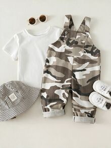 SHEIN 中性新生兒嬰兒男/女寶寶 100%純棉休閒時尚百搭迷彩牛仔吊帶褲連身褲工裝褲，男嬰服裝套裝，男嬰夏季穿搭，柔軟牛仔牛仔褲 - 彩色 - 查看 8