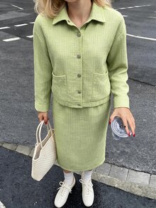 Struktiv Casual Elegant Button Jacket + Skirt Chenille Jacquard Green 2 Pieces Set - Green - View 4