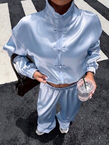 Muchica Women's Casual Streetwear Comfortable Light Blue New Chinese Style Satin Long Sleeve Set, Autumn/Winter Everyday Going Out Day Time - Baby Blue - View 5