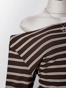 SHEIN ICON 女款大尺碼條紋不對稱肩喇叭袖T恤 - 棕色 - 查看 5