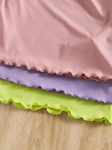 SHEIN 女童少女 3件組 針織素色荷葉領修身T恤 - 彩色 - 查看 5