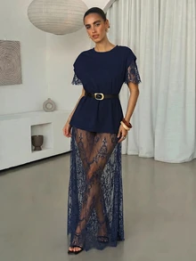 Lavishia 女款圓領短袖性感透視蕾絲洋裝 - 藏蓝色 - 查看 6