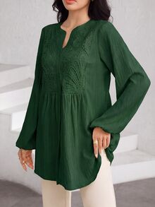 Graceveil Women's Elegant Embroidered Textured Button Vacation Shirt - Dark Green - View 5