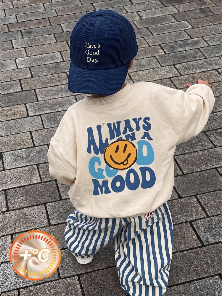 Boys' (Small) Apricot Crew Neck Sweatshirt, Ribbed Cuffs Design. Small Tongue-Out Smiling Face Print On Chest, Vintage Letter And Big Smiling Face Pattern On Back, Loose Fit Comfortable, Playful And Simple Style, Soft And Skin-Friendly - Multicolor - View 1