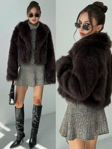 Aloruh 女款素色長袖寬鬆時尚人造毛皮大衣 - 咖啡棕 - 查看 1