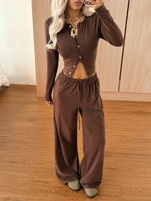 SHEIN EZwear Women's Solid Color Pleated Long Sleeve Top And Pants Casual Daily Set Going Out Dark Brown Winter - Coffee Brown - View 8