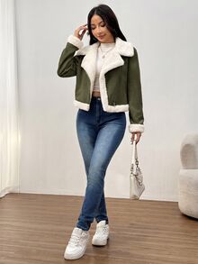 SHEIN EZwear 女款麂皮絨機車夾克外套，泰迪毛內裡，前開襟，秋冬款 - 軍綠色 - 查看 3