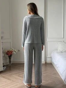 DAZY Women's Lace Patchwork Long Sleeve Top And Pants Casual Daily Home Sleepwear Set - Blue - View 2
