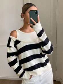 DAZY Women's Contrast Color Striped Loose 2 In 1 Cold Shoulder Long Sleeve Casual Vacation Korean Style Autumn/Winter Knit Sweater - Apricot - View 2