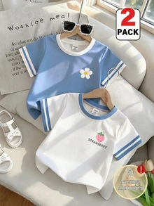 SHEIN 2件組女童T恤上衣 藍色花朵草莓水果可愛日系風格 返校季聖誕新年日常穿著舒適百搭 - 白色 - 查看 1