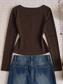 SHEIN 少女女孩前領結棕色波點長袖甜美上衣 - 棕色 - 查看 2