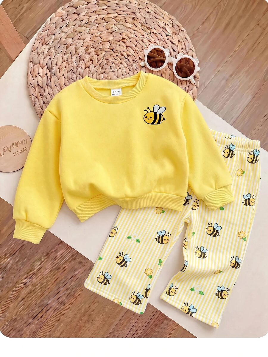 SHEIN 2pcs Baby Girl Floral Pattern Knit Soft Crew Neck Long Sleeve Sweatshirt And Long Autumn Pants Set - Yellow - View 1