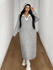 Maweii Plus Size Women's Knitted Hooded Pocket Casual Fashion Loose Knit Dress - Grey - View 1