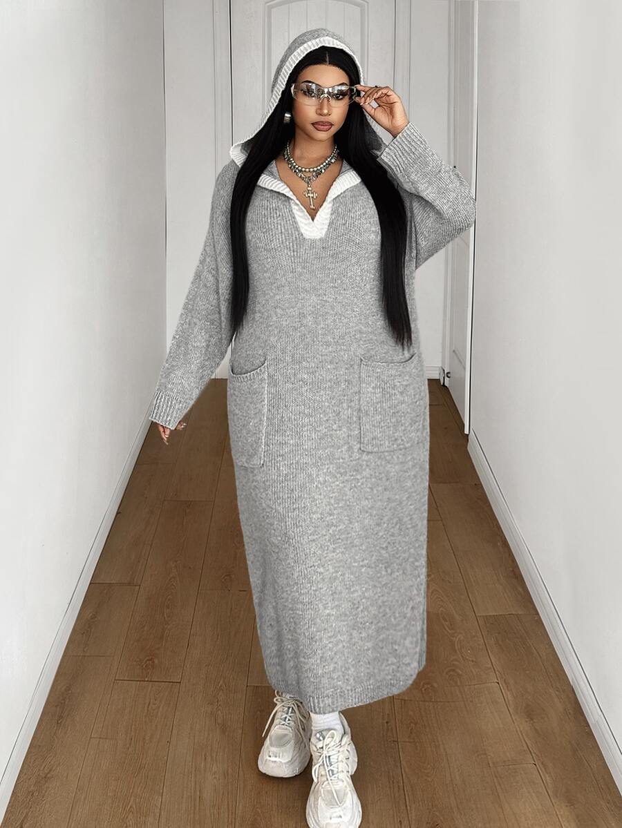 Maweii Plus Size Women's Knitted Hooded Pocket Casual Fashion Loose Knit Dress - Grey - View 1