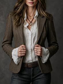 LUMIGAL Herringbone Pattern Notch Lapel Single-Breasted Cinched Waist Vintage British Style Autumn/Winter Women's Blazer - Coffee Brown - View 4