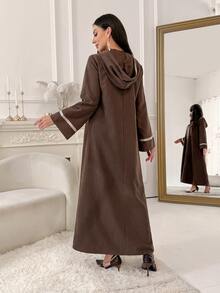 Al Najma Women's Striped Long Sleeve Casual Hooded Arabian Dress - Chocolate Brown - View 3