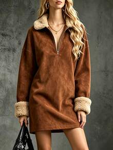 LUMIGAL Women's Autumn/Winter New Casual Fur Collar A-Line Dress - Camel - View 6