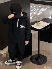 兒童小男孩半拉鍊連帽外套與慢跑長褲兩件套，休閒運動風，適合秋冬穿著 - 黑色 - 查看 3