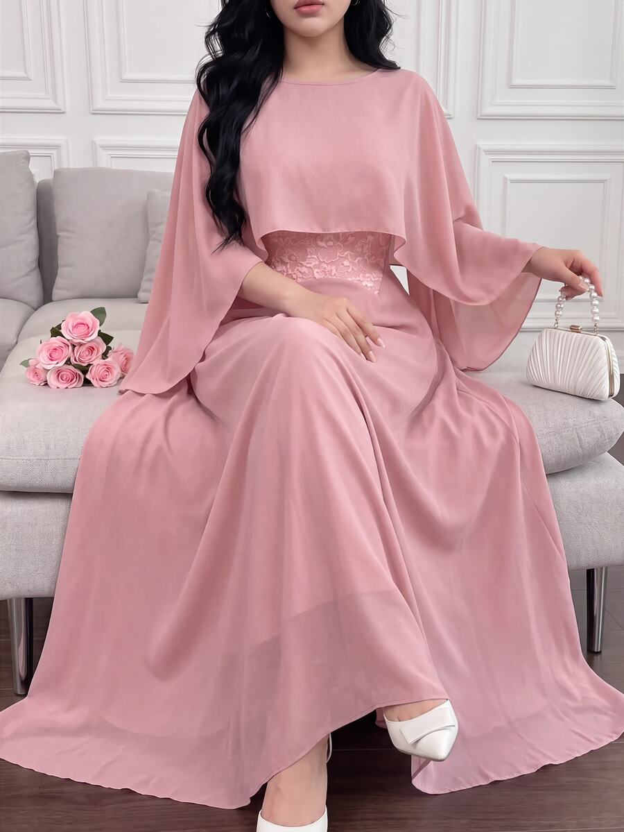 Vibekara 大尺碼女款對比蕾絲洋裝配披肩外套優雅套裝 秋季 - 粉色 - 查看 1