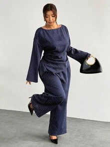 Firerie Plus Size Casual Commute Striped Shirt & Trousers Suit Set - Navy Blue - View 8