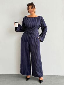 Firerie Plus Size Casual Commute Striped Shirt & Trousers Suit Set - Navy Blue - View 6