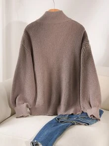 CosyJoli Plus Size Elegant French Style Versatile Casual Commute Autumn/Winter Minimalist Zip-Up Knit Pullover Sweater Top For Women - Dark Grey - View 3