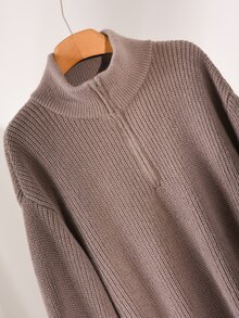 CosyJoli Plus Size Elegant French Style Versatile Casual Commute Autumn/Winter Minimalist Zip-Up Knit Pullover Sweater Top For Women - Dark Grey - View 6