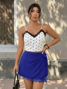 SHEIN Frenchy 大尺碼夏季休閒蕾絲拼接前綁帶圍裹短褲 - 水鴨藍 - 查看 7