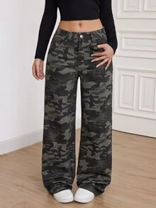 SHEIN Tall 女款迷彩寬腿寬鬆休閒牛仔褲，附口袋 - 軍綠色 - 查看 1