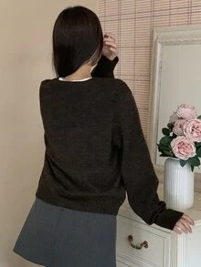 DAZY Women's Solid Color Loose Long Sleeve Round Neck Button Casual Vacation Korean Style Autumn/Winter Knit Cardigan - Coffee Brown - View 2
