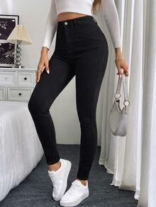SHEIN Tall CURVE Plus Size Fashion Versatile Button Fitted Sexy Denim Jeans - Black - View 2