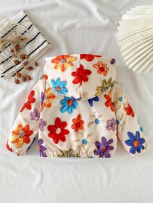 SHEIN 1件幼兒女童可愛3D花朵貼布長袖連帽厚實抓絨內裡拉鍊夾克外套 戶外聖誕冬季秋季 - 彩色 - 查看 3