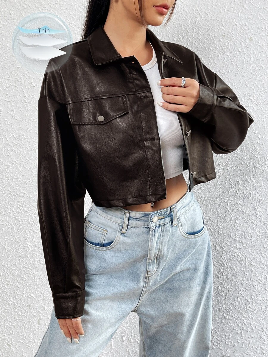 SHEIN EZwear 深褐色PU皮革長袖夾克，女款秋季服飾，2026夜晚外出穿搭，性感頹廢風 - 巧克力棕 - 查看 1
