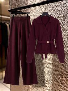 SHEIN Franclia Women's Basic Minimalist Fashion Commute Polo Collar Asymmetrical Hem Sweater 2 Pieces Set - Burgundy - View 2
