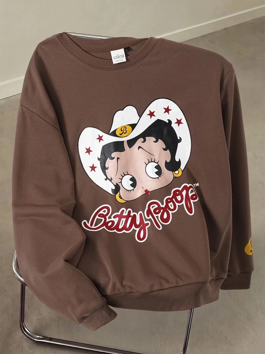 Betty Boop x SHEIN Men's Letter & Cartoon Print Casual Daily Long Sleeve Sweatshirt - Coffee Brown - View 1