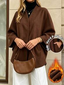 Selenza Autumn/Winter Oatmeal Color Minimalist Collarless Pocketed Cape-Style Double-Faced Overcoat, Loose Oversized Shawl Batwing Sleeve Cut, Single-Breasted Decorative Buttons, Casual Relaxed Silhouette, Flattering Slimming Versatile Commuter High-End Mid-Length Overcoat - Mocha Brown - View 1