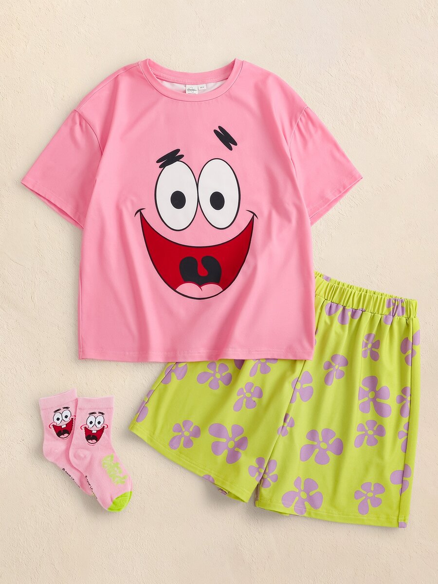 SpongeBob SquarePants | SHEIN Tween Boy Cartoon Print Short Sleeve Top And Shorts Loungewear Set - Multicolor - View 1