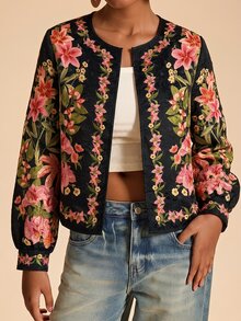 Travachic 女款時尚度假刺繡長袖復古夾克 - 黑色 - 查看 4