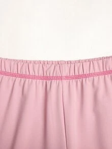 SHEIN 青少年女孩運動休閒日常針織素色對比滾邊連帽開襟外套與喇叭長褲套裝 - 粉色 - 查看 7