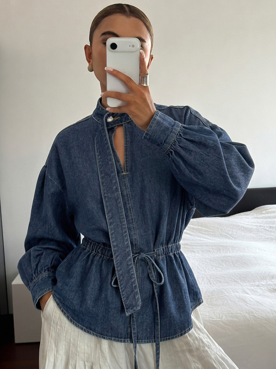 Autumn Light Blue Hollow Out Tie-Up Cinched Waist Loose Casual Vacation Commute Office Elegant Women's Denim Shirt Blouse With Stand Collar And Lantern Sleeves