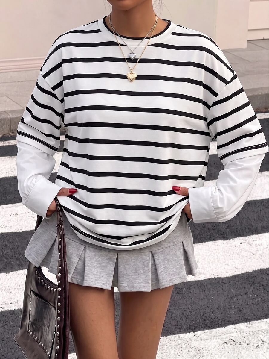 SHEIN 青少年女孩 2 合 1 黑色拼接條紋圓領寬鬆長袖 T 恤 春秋冬新款 返校休閒款 - 黑與白 - 查看 1