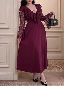 Vibekara Gaun Pesta Wanita Elegan Model A-Line Lengan Panjang Warna Burgundy untuk Musim Semi, Gugur, dan Musim Dingin. - Red Violet - View 4