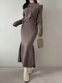 FRIFUL Women's Solid Color Long Sleeve Tassel Hem Knit Cardigan And Sleeveless Knit Dress Elegant Set Fall - Brown - View 5