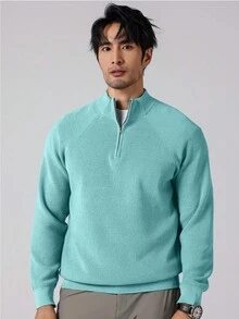 Manfinity Homme 男士素色插肩袖長袖半拉鍊休閒毛衣 - 薄荷藍 - 查看 3