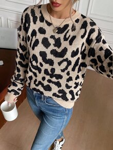 Serisse 女款全印花休閒圓領長袖套頭毛衣，秋冬款 - 卡其色 - 查看 5