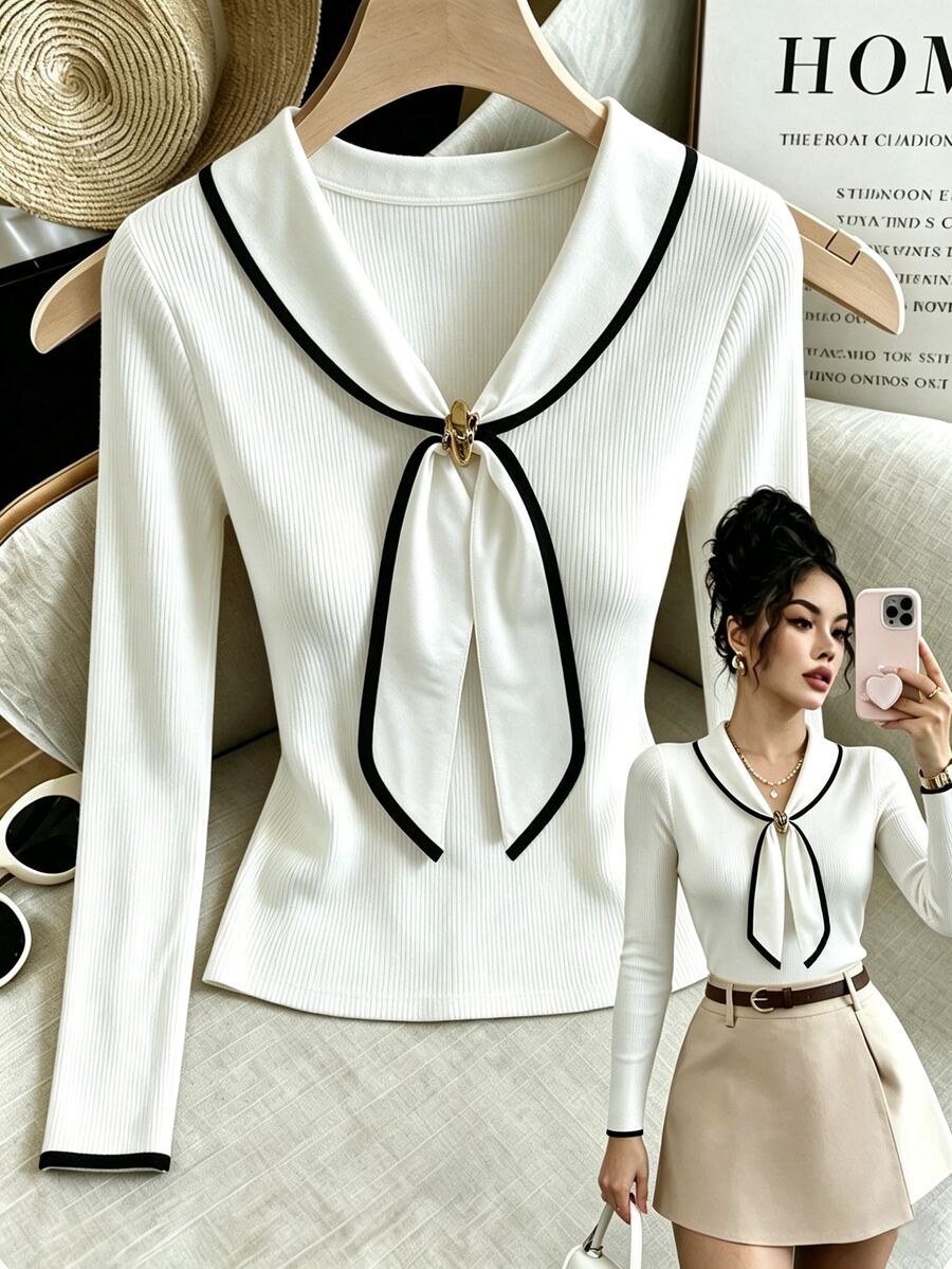 INAWLY Blus Lengan Panjang Elegan Wanita dengan Leher Bertali - Putih - View 1